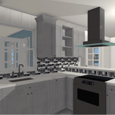 Kitchen Remodel 3D design with glass backsplash