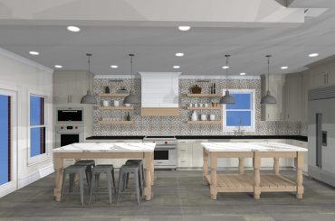 Open kitchen design with double island for food prep and entertaining