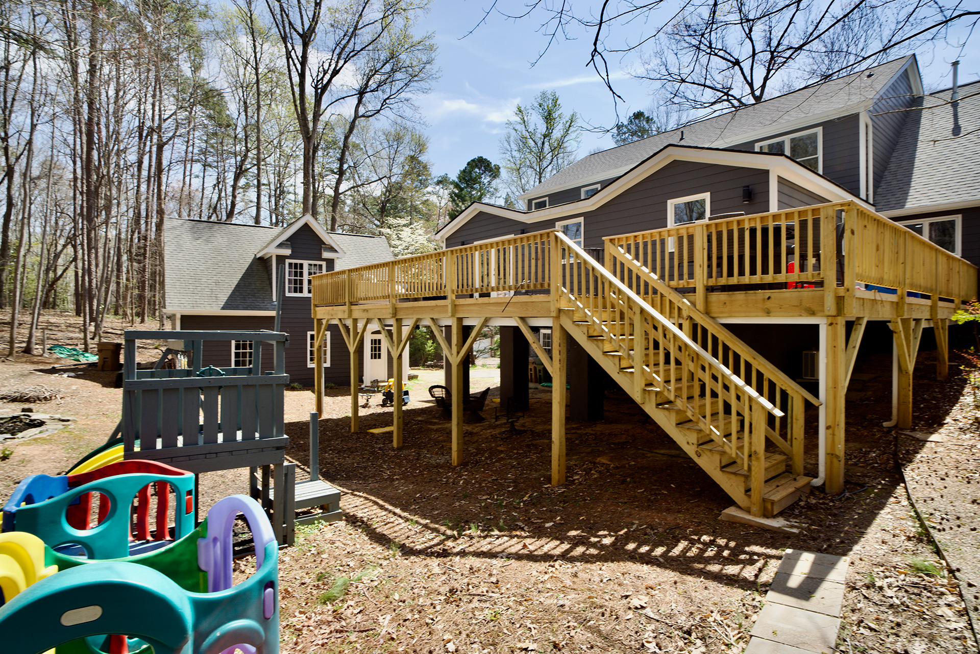 Back deck and stairs view on a master suite addition in Cary NC