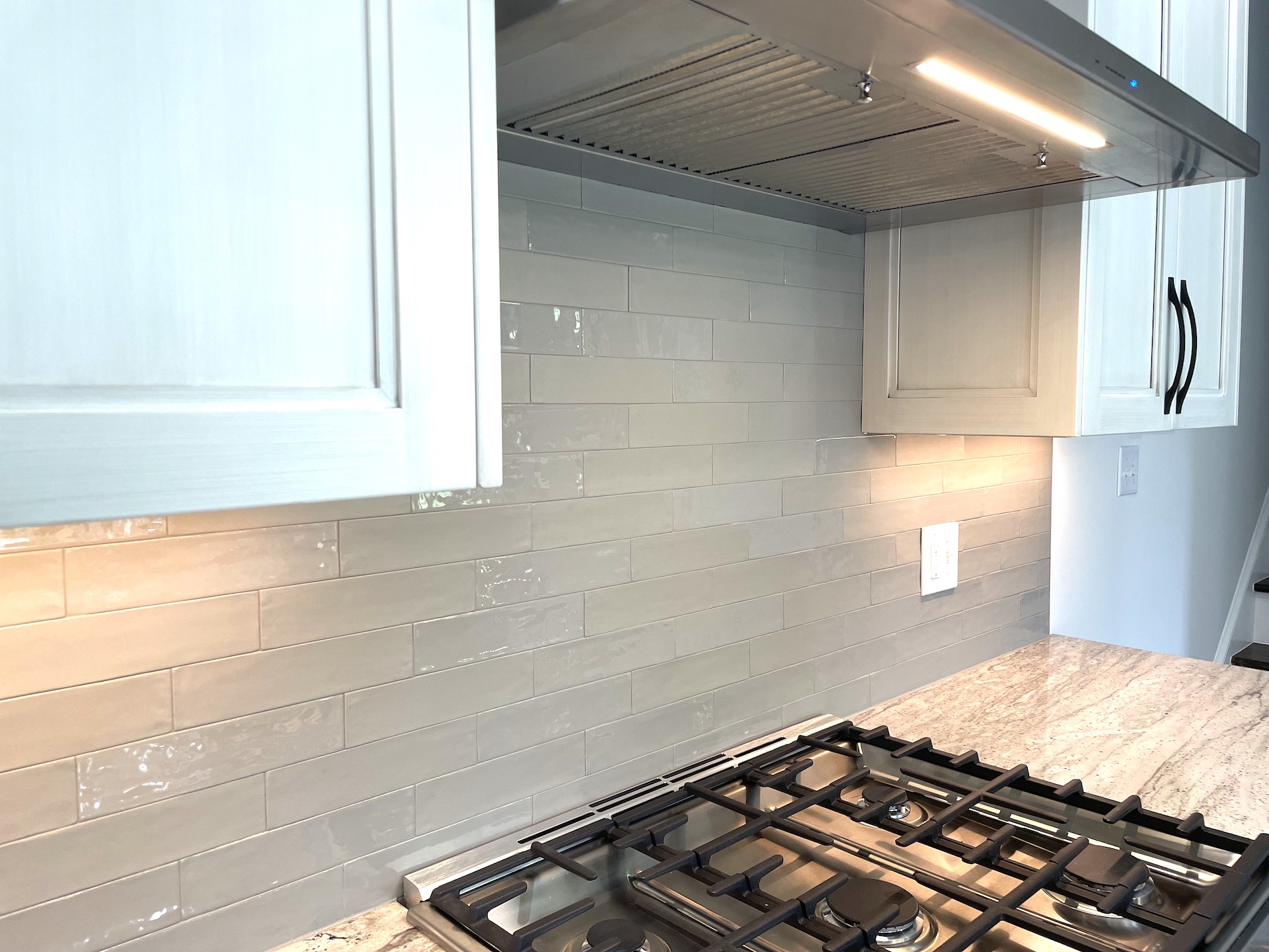 Large Gray glossy backsplash in North Raleigh Kitchen remodel