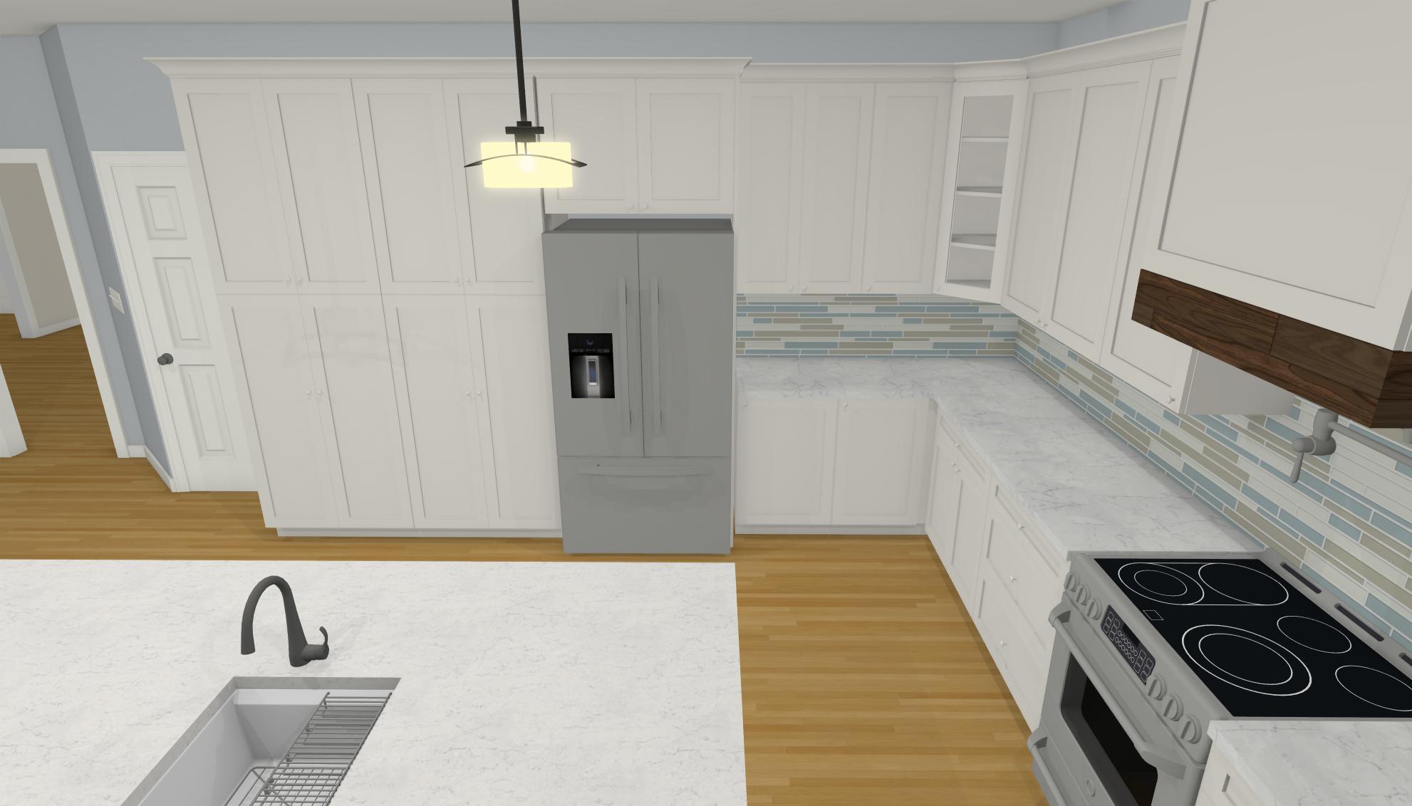 3D kitchen design with full wall of built-ins by Riverbirch