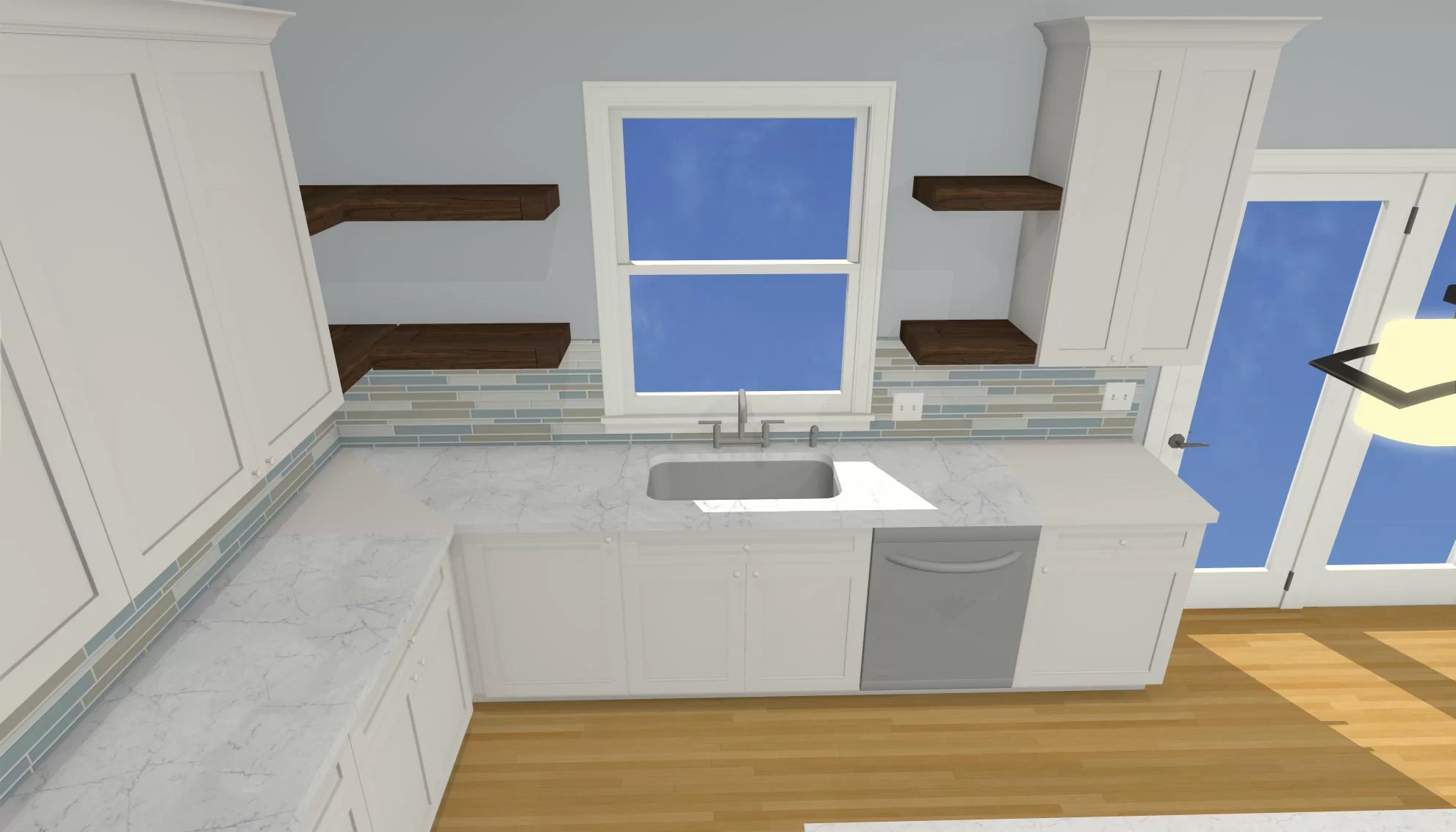 Kitchen 3D with floating shelves flanking window