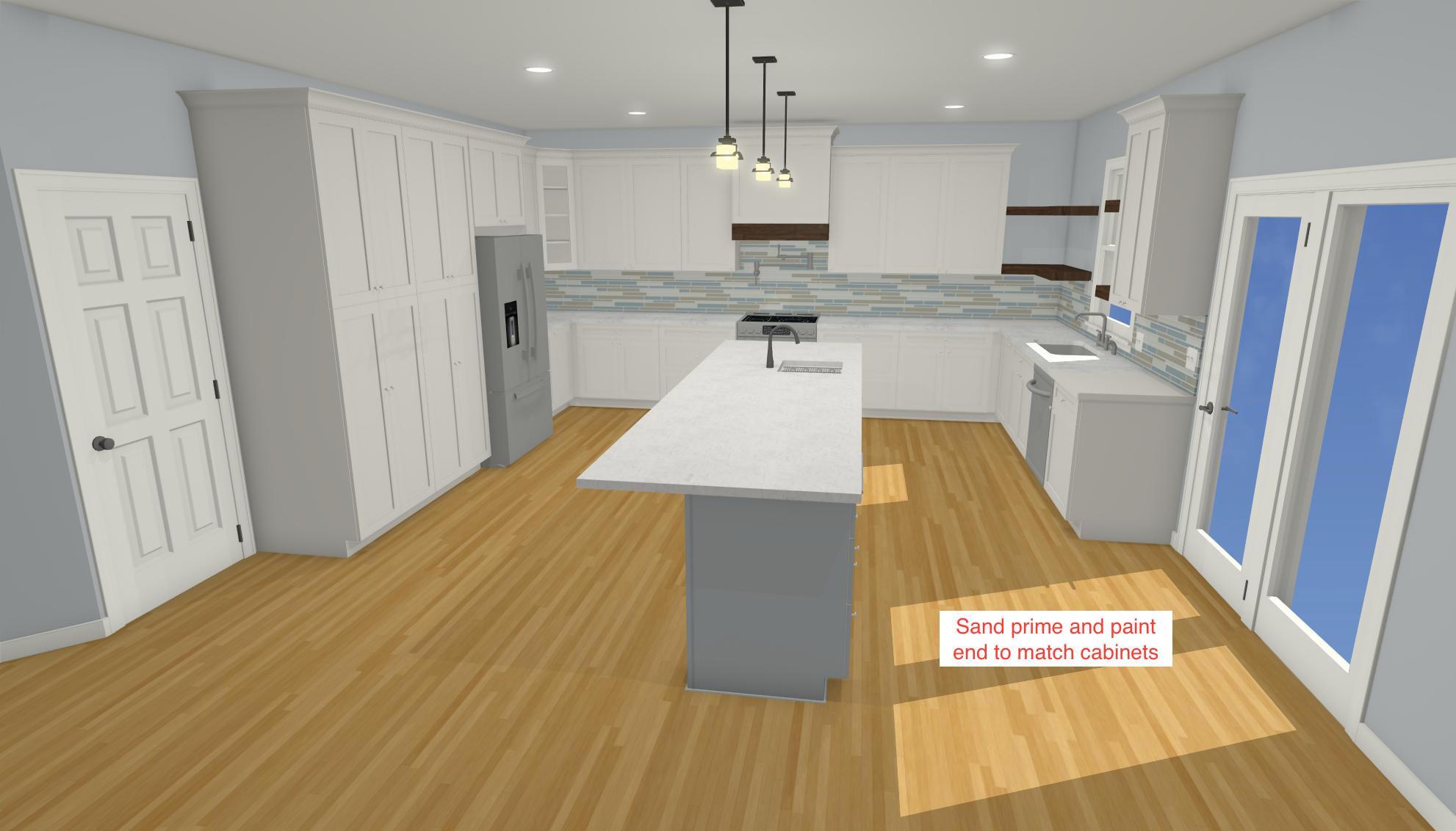 Kitchen 3D view with new flooring and new traffic flow.
