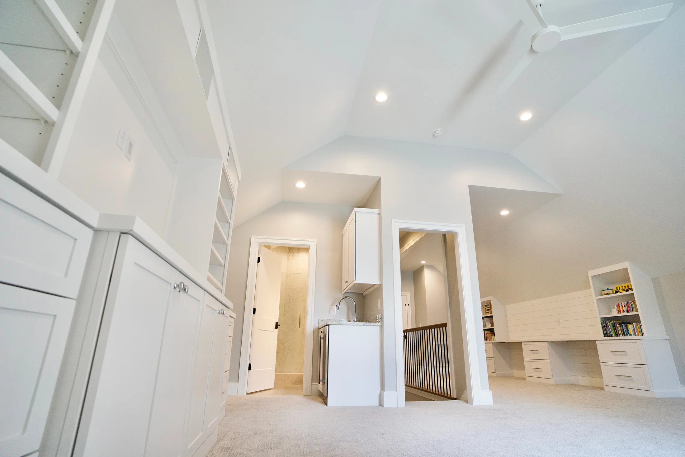 Attic finish with full bath, entertainment area, wet bar, and home school room