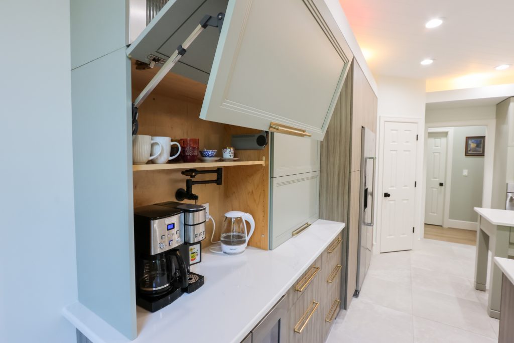 kitchen with coffee station in cabient
