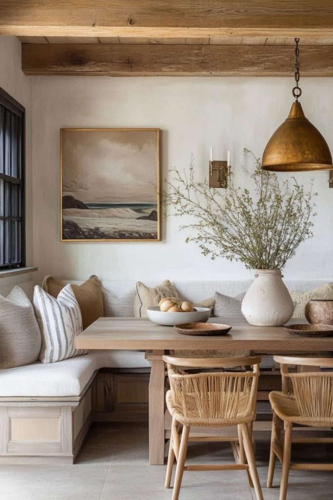 built in breakfast nook with large pendant light over warm wood rectangle table.