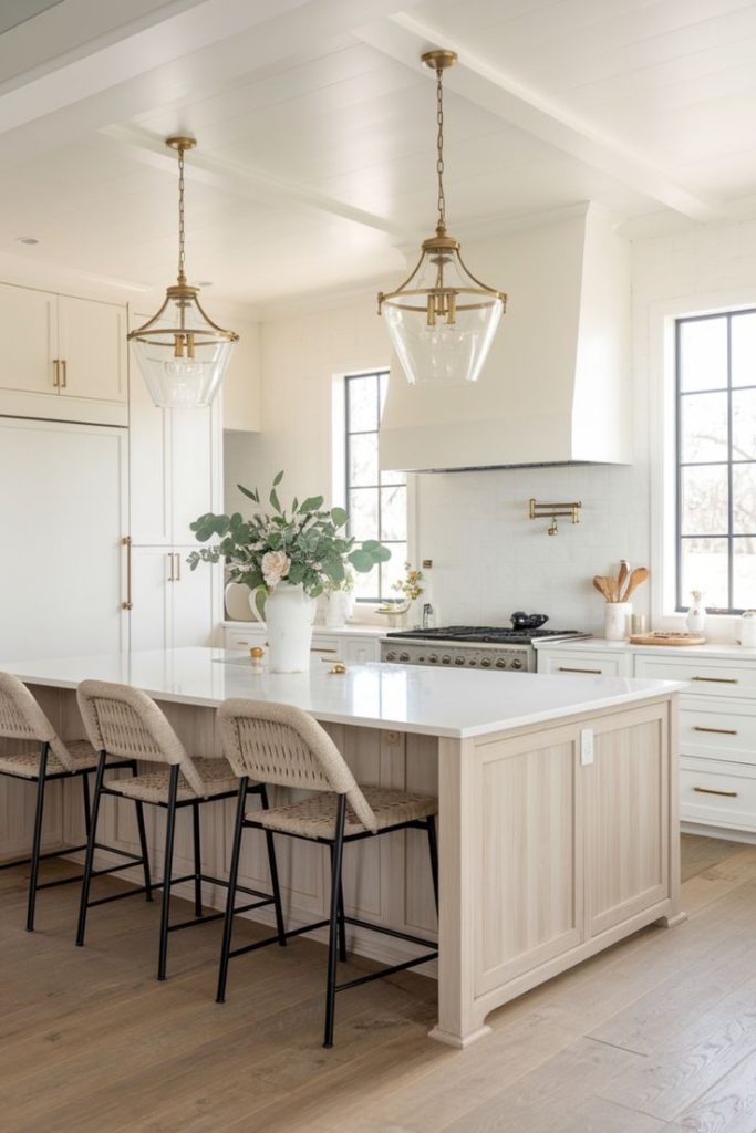 Modern glass and gold oversized pendants over a kitchen island.