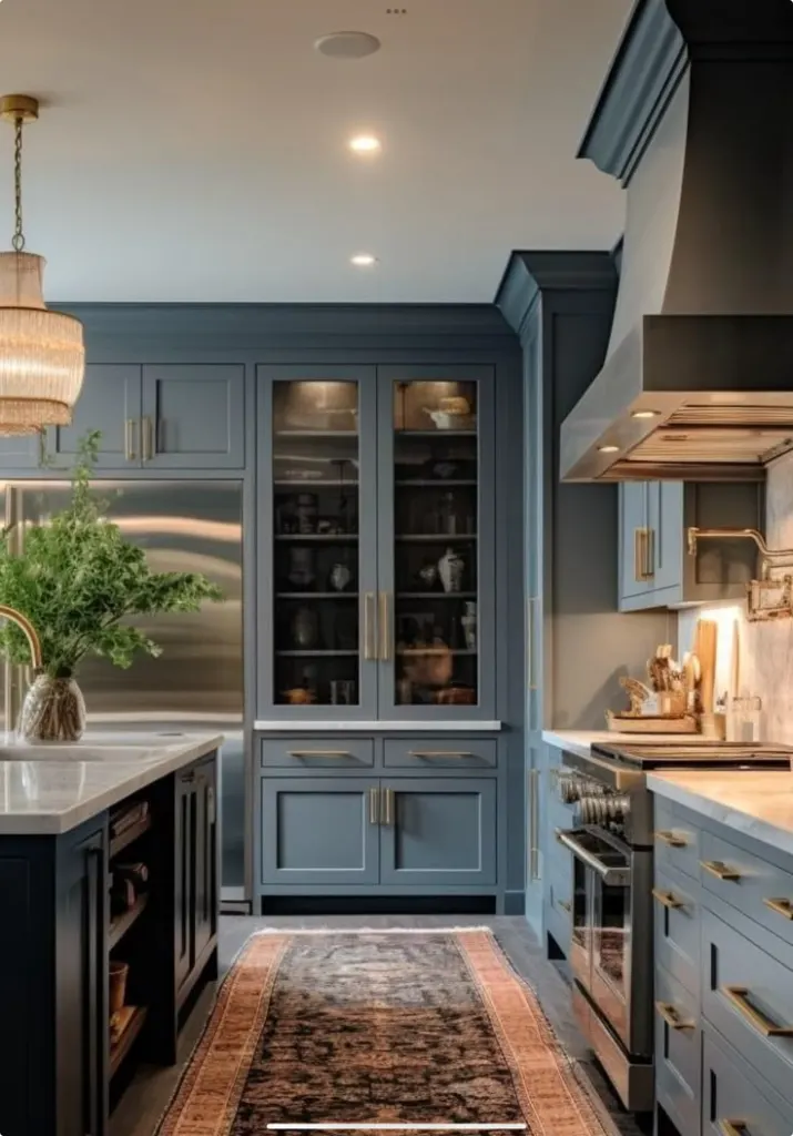 Kitchen with warm blue cabinets