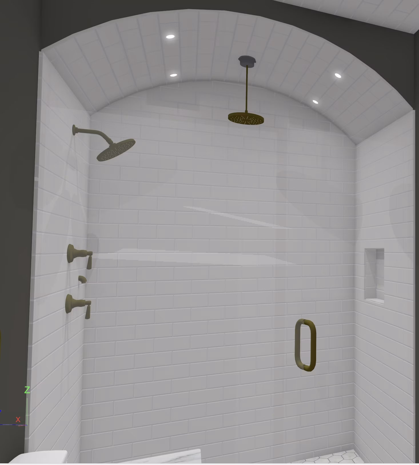 Shower lighting in arched walk-in shower