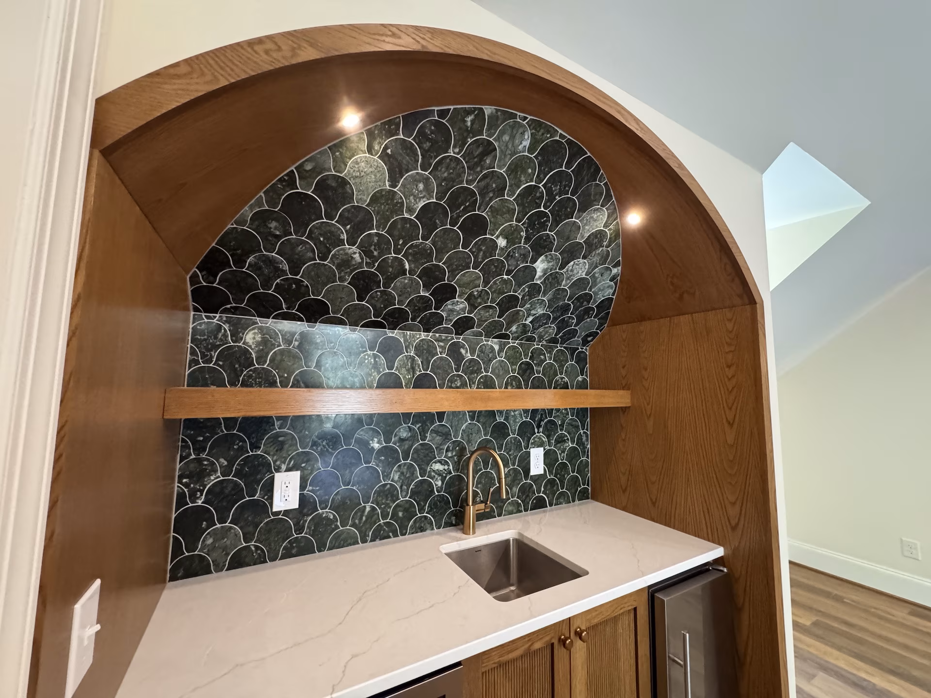 Third-floor wet bar green tile backsplash Third-floor wet bar green tile backsplash