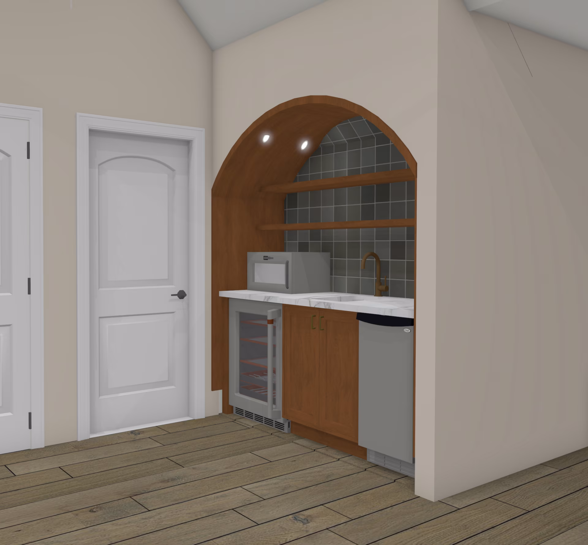 Third floor wet bar with arched inset with green tile backsplash