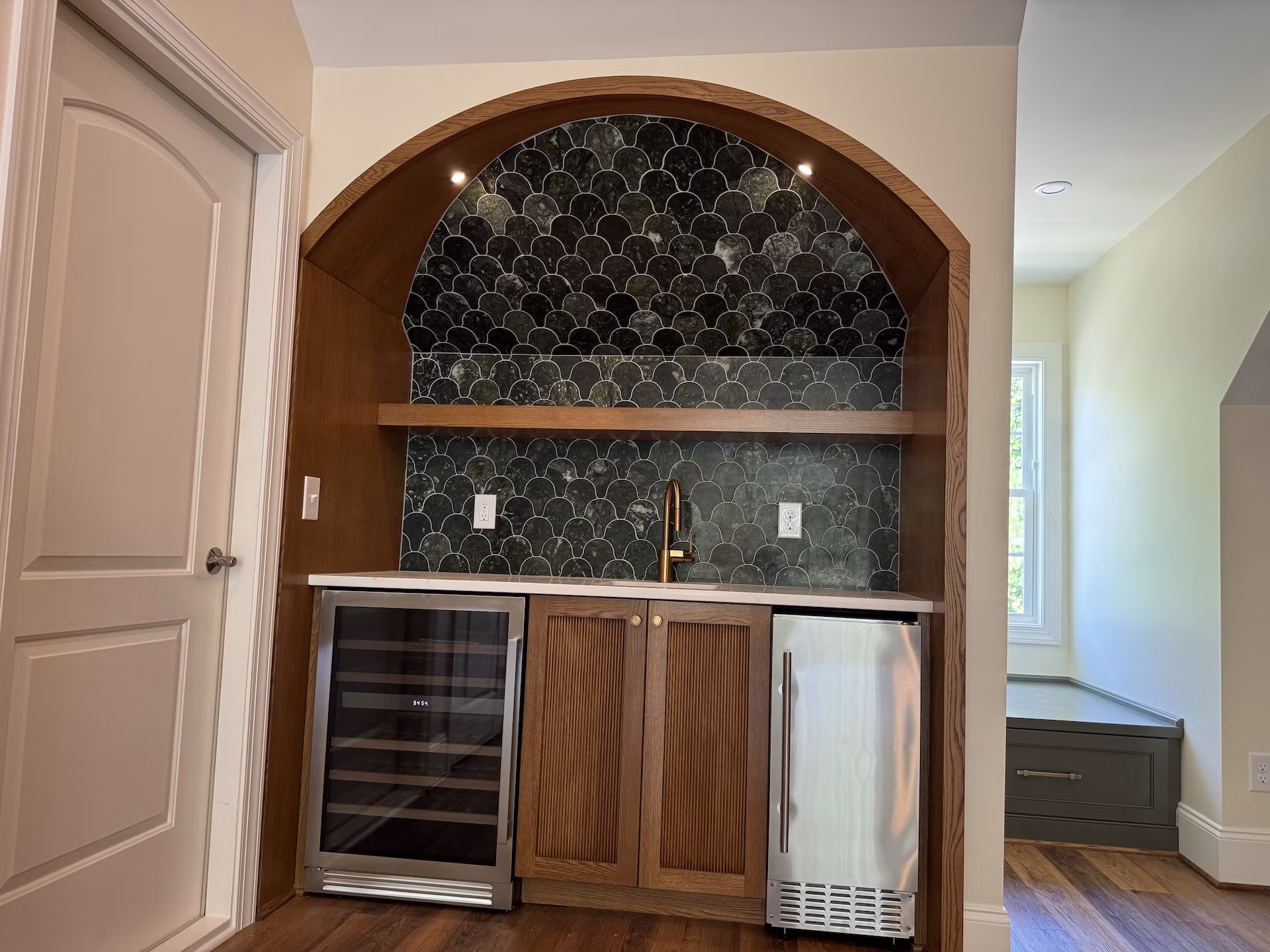 arched wet bar with large green tile backsplash arched wet bar with large green tile backsplash